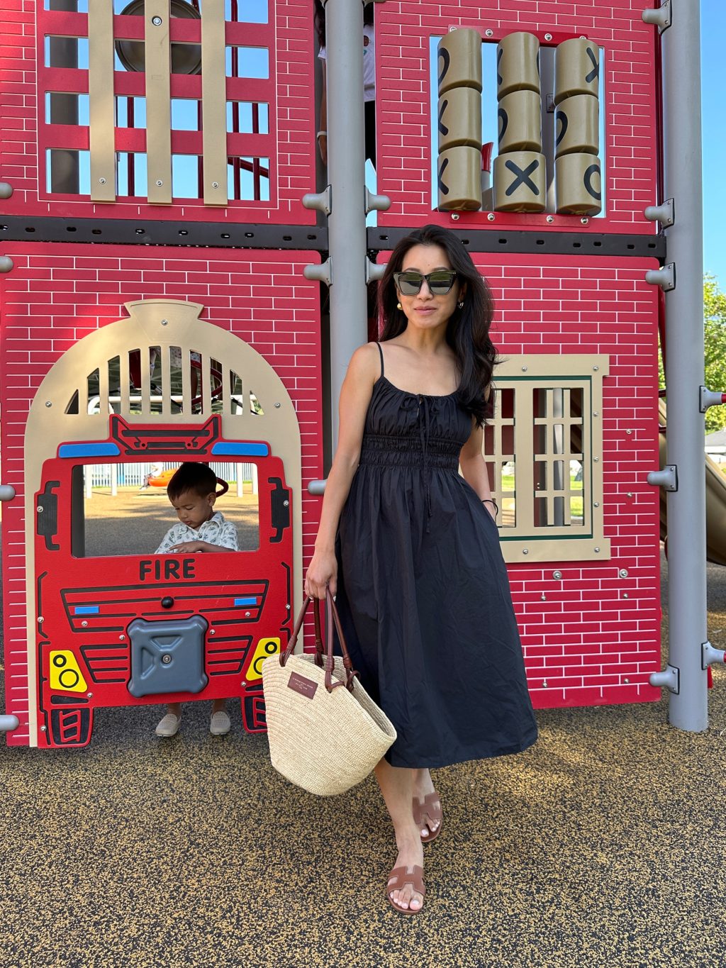 quince dress sam edelman sandals justine bag mom outfit