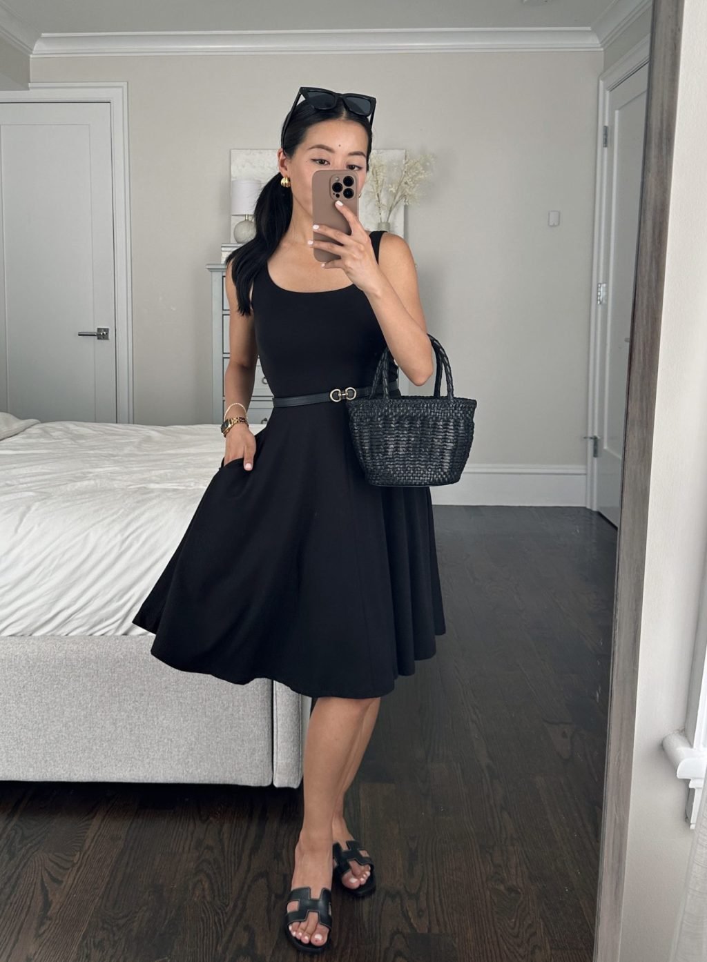 quince short black jersey dress hermes sandals j crew wicker bag