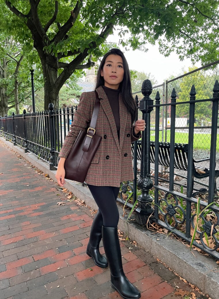 sezane christie blazer + madewell essential bucket tote riding boots petite