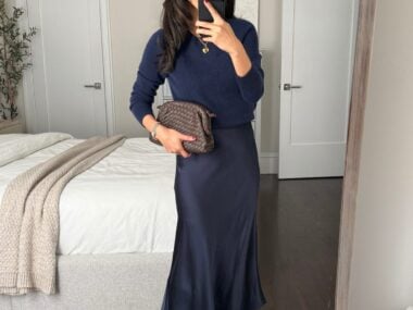 quince cashmere shrunken sweatshirt silk slip skirt petite friendly outfits