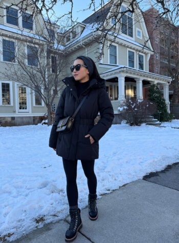 petite friendly winter outfit bernardo puffer coat