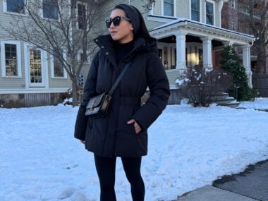 petite friendly winter outfit bernardo puffer coat