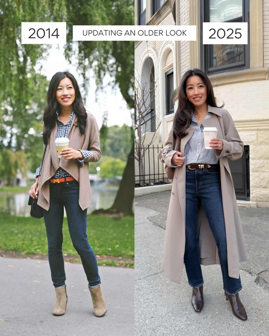 trench coat and jeans petite friendly updated fashion