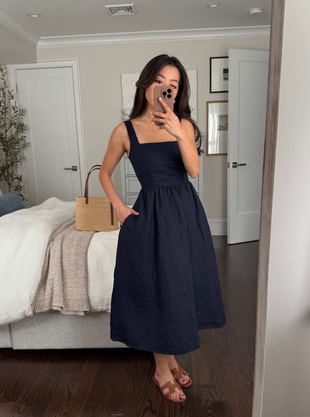 quince fit flare navy linen dress petite